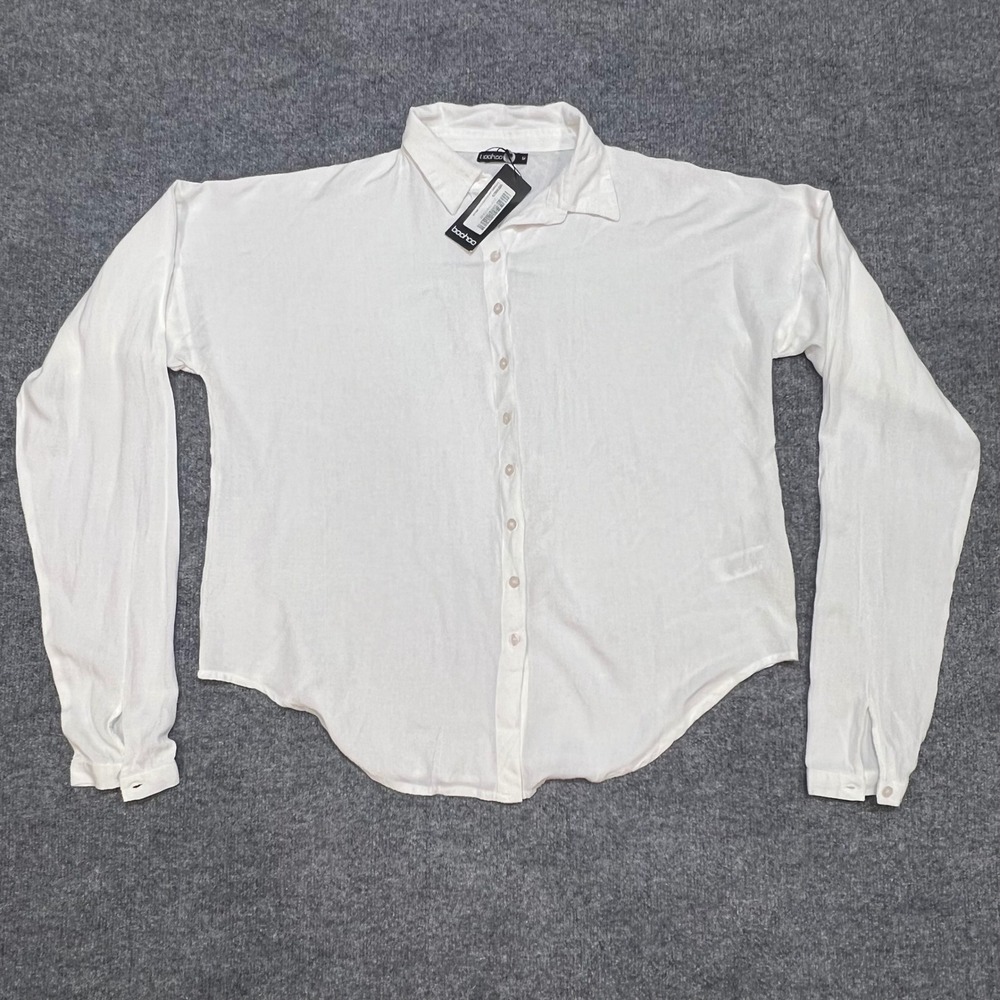 NWT Boohoo Oversized Shirt Mens M White Tall Linen Look Long Sleeve Button Down